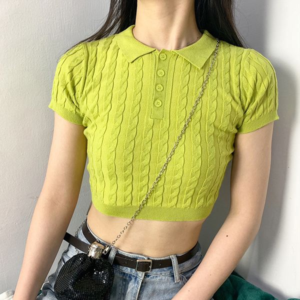 2021 new women textured knitted crop polo shirt solid basic rxlr, White