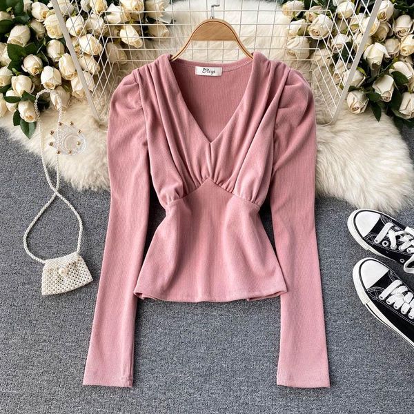 new korean fashion spring autumn long sleeve t-shirt solid ruched v-neck temperament slim fit ladies elegant short basic top, White
new korean fashion spring autumn long sleeve t-shirt solid ruched v-neck temperament slim fit ladies elegant short basic top, White