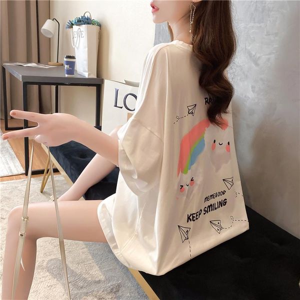 women's t-shirt summer cotton cartoon letter printing mid-length round neck short-sleeved women, White
women's t-shirt summer cotton cartoon letter printing mid-length round neck short-sleeved women, White