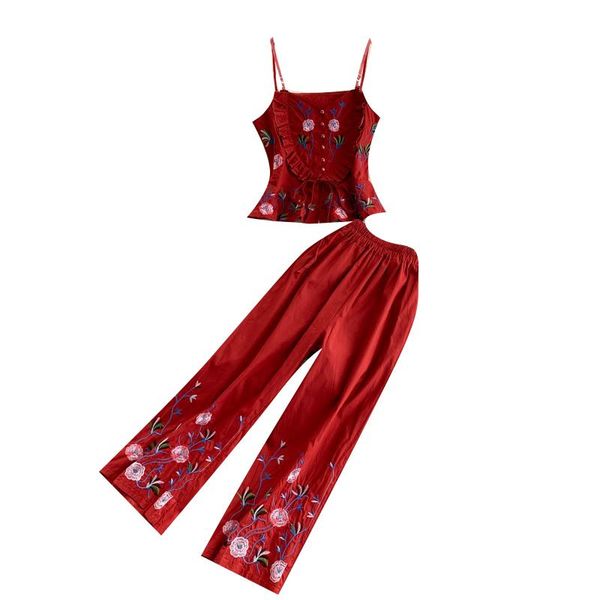 women's tracksuits 2021 women 2 piece sets summer retro bohemian embroidery set sleeveless strap +wide leg long pants two suits, Gray
women's tracksuits 2021 women 2 piece sets summer retro bohemian embroidery set sleeveless strap +wide leg long pants two suits, Gray