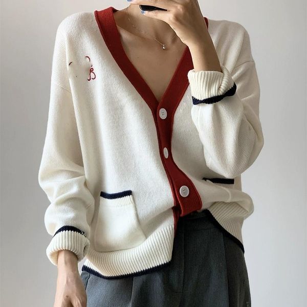 women's knits & tees 2021 autumn design sleeve v-neck knitted cardigan sweater casual with buttons thickened white color jacket