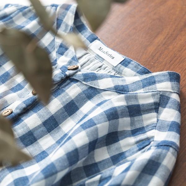 women's blouses & shirts summer batwing sleeve shirt women stand collar three quarter plaid double layer cotton yarn casual, White 
women's blouses & shirts summer batwing sleeve shirt women stand collar three quarter plaid double layer cotton yarn casual, White
