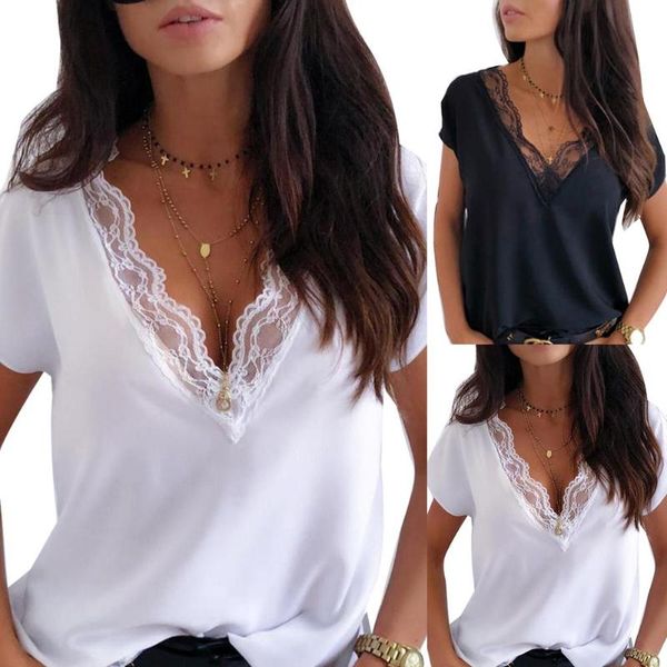 women's blouses & shirts women solid color lace patchwork deep v neck short sleeve blouse shirt plus size basic all-match, White
women's blouses & shirts women solid color lace patchwork deep v neck short sleeve blouse shirt plus size basic all-match, White