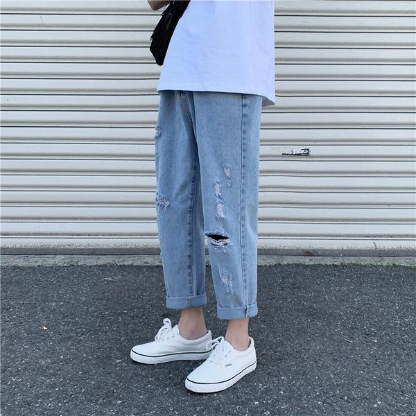 men's casual jeans korean fashion loose harajuku streetwear hip-hop ripped jeans men retro ankle-length pants straight leg pants, Blue
men's casual jeans korean fashion loose harajuku streetwear hip-hop ripped jeans men retro ankle-length pants straight leg pants, Blue