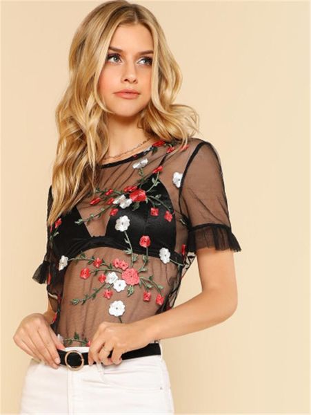 women's t-shirt eba perspective mesh embroidery short sleeve, White
women's t-shirt eba perspective mesh embroidery short sleeve, White