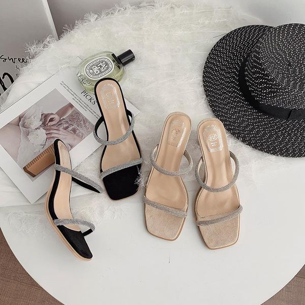 dress shoes wood pattern high heels sandals women luxury crystal narrow band gladiator sandalias glitter rhinestone slides party sandal, Black