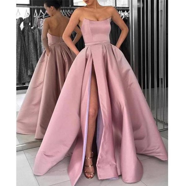 party dresses custom-made strapless satin long evening dress 2021 with pockets front high slit modest women formal, White;black
party dresses custom-made strapless satin long evening dress 2021 with pockets front high slit modest women formal, White;black