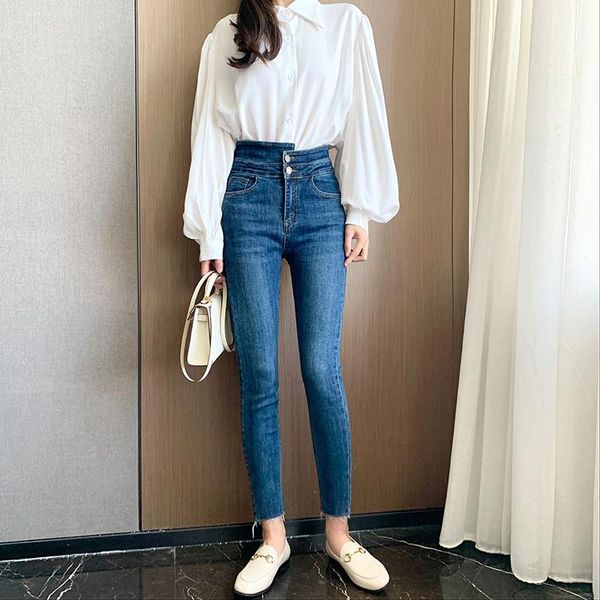 women's jeans summer street casual high-waisted solid color stretch 2 button thin frayed skinny feet women, Blue
women's jeans summer street casual high-waisted solid color stretch 2 button thin frayed skinny feet women, Blue