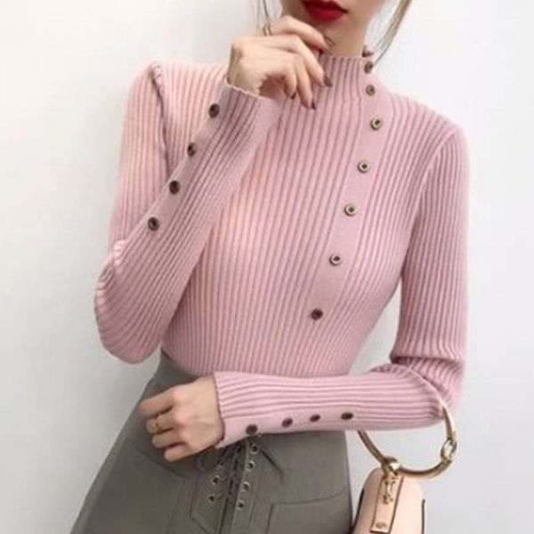 2021 new women autumn winter solid knitted pullover casual button turtleneck female knit warm slim sweater 0j2r, White;black
2021 new women autumn winter solid knitted pullover casual button turtleneck female knit warm slim sweater 0j2r, White;black