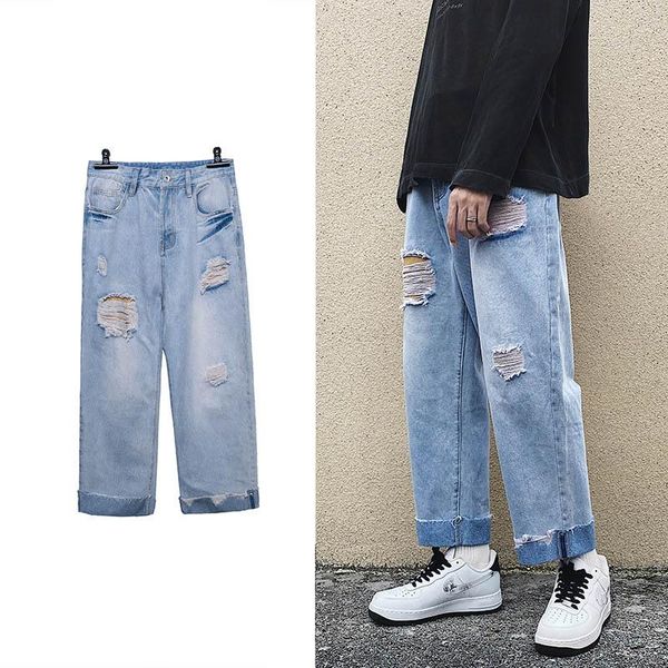 men's jeans fashion mens loose fit hip hop big hole vintage ins denim pants joggers streetwear ankle cuffed trousers for male, Blue 
men's jeans fashion mens loose fit hip hop big hole vintage ins denim pants joggers streetwear ankle cuffed trousers for male, Blue