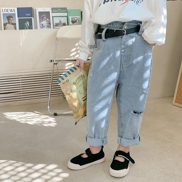 spring baby girls high waist ripped jeans korean style fashion children loose casual denim trousers with belt, Blue
spring baby girls high waist ripped jeans korean style fashion children loose casual denim trousers with belt, Blue