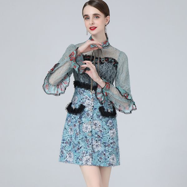 women's dresses stand collar long flare sleeves ruffles lace patchwork printed elegant fashion short dress vestidos, Black
women's dresses stand collar long flare sleeves ruffles lace patchwork printed elegant fashion short dress vestidos, Black
