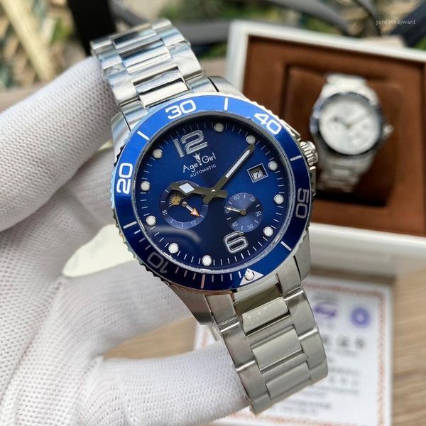 men black blue grey ceramic bezel moonphase daydate stainless steel automatic mechanical limited sport watch wristwatches, Slivery;brown
men black blue grey ceramic bezel moonphase daydate stainless steel automatic mechanical limited sport watch wristwatches, Slivery;brown