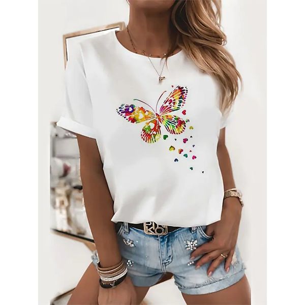 color butterfly pattern women's fashion style 3d printing round neck casual street wear summer basic short-sleeved t-shirt, White
color butterfly pattern women's fashion style 3d printing round neck casual street wear summer basic short-sleeved t-shirt, White