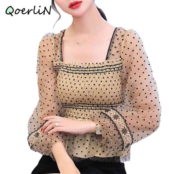 women blouse korean style mesh lantern sleeve polka dot shirts square collar office elegant ladies elastic bust size 210601, White
women blouse korean style mesh lantern sleeve polka dot shirts square collar office elegant ladies elastic bust size 210601, White
