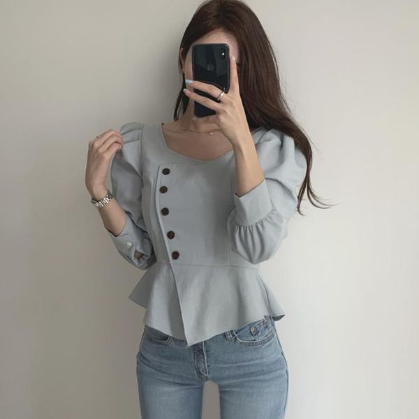 korean chic women blouse single breasted high-waisted ruffle puff sleeve office lady shirt, White
korean chic women blouse single breasted high-waisted ruffle puff sleeve office lady shirt, White