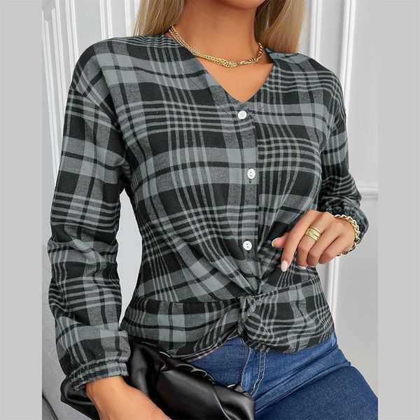 women's blouses & shirts elegant women long sleeve plaid harajuku blouse casual twist lattice print 2022 spring fashion v neck button, White 
women's blouses & shirts elegant women long sleeve plaid harajuku blouse casual twist lattice print 2022 spring fashion v neck button, White
