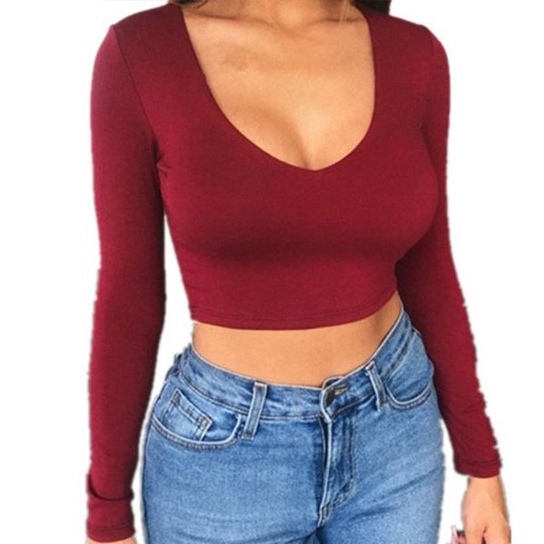 women's t-shirt women long sleeve bodycon deep v-neck solid color basic cropped top, White
women's t-shirt women long sleeve bodycon deep v-neck solid color basic cropped top, White