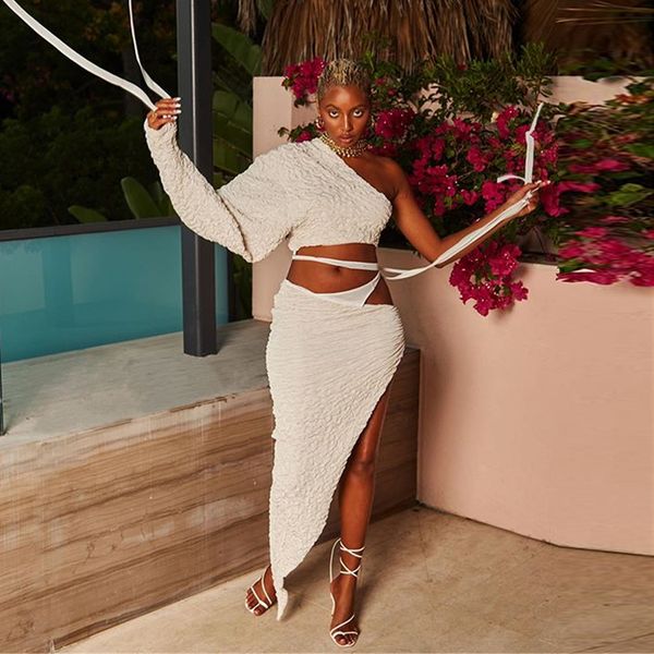 2021 new arrival asymmetric solid color elegant knitting lacing up side slit women one sleeve two pieces set, White
2021 new arrival asymmetric solid color elegant knitting lacing up side slit women one sleeve two pieces set, White
