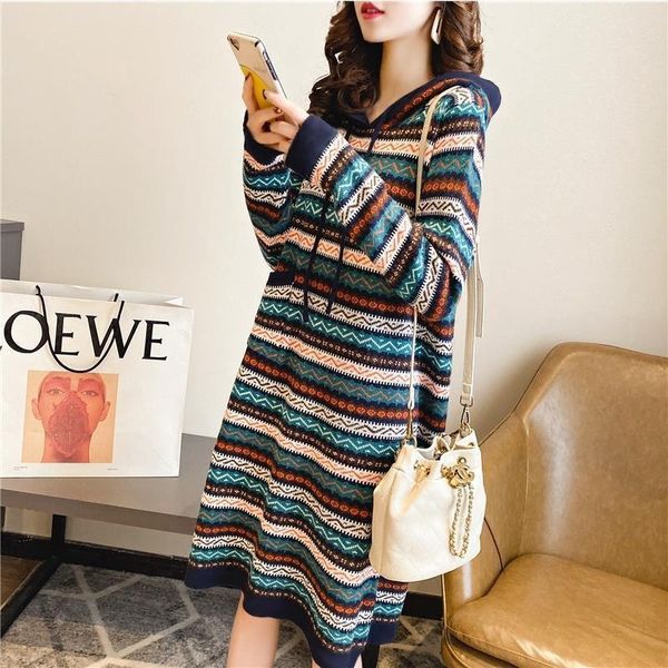 casual dresses vintage striped knitted long-sleeved dress autumn winter 2021 knee-length drawstring hooded pullover sweater women, Black;gray
casual dresses vintage striped knitted long-sleeved dress autumn winter 2021 knee-length drawstring hooded pullover sweater women, Black;gray