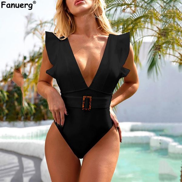women's swimwear fanuerg women deep v neck one piece swimsuits monokini female ruffle trim buckle waist high cut bathing suits 2021, White;black
women's swimwear fanuerg women deep v neck one piece swimsuits monokini female ruffle trim buckle waist high cut bathing suits 2021, White;black