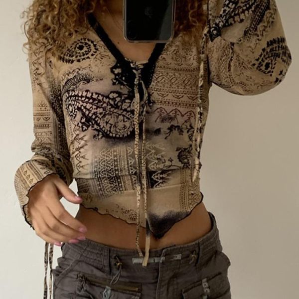 women's blouses & shirts y2k shirt v-neck lace up design vintage print blouse long sleeve irregular midriff-baring short gothic, White
women's blouses & shirts y2k shirt v-neck lace up design vintage print blouse long sleeve irregular midriff-baring short gothic, White