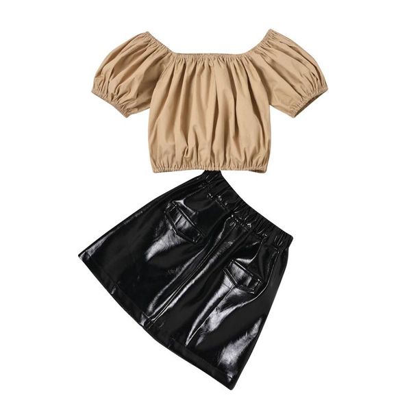 clothing sets 2pcs leisure style little girls outfit summer fashionable solid color off shoulder puff short sleeve + leather skirt, White
clothing sets 2pcs leisure style little girls outfit summer fashionable solid color off shoulder puff short sleeve + leather skirt, White