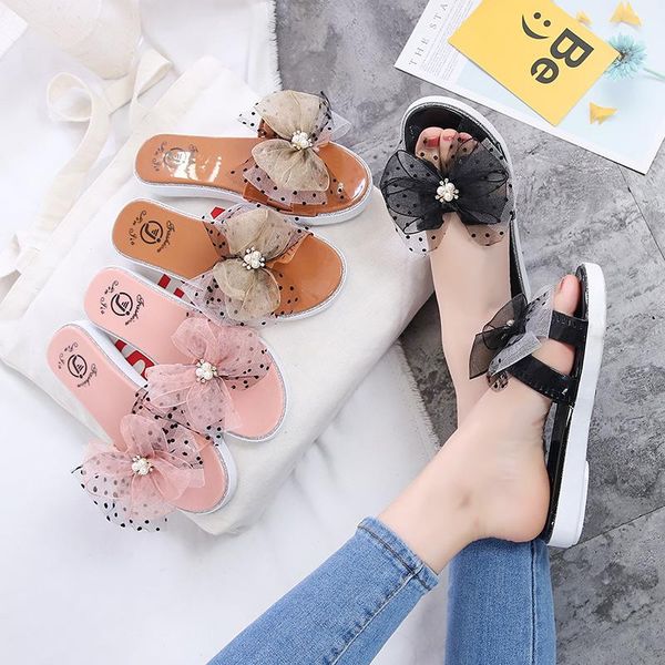 slippers 2021 women ladies shoes bowknot women's drag home indoor non-slip wear, Black