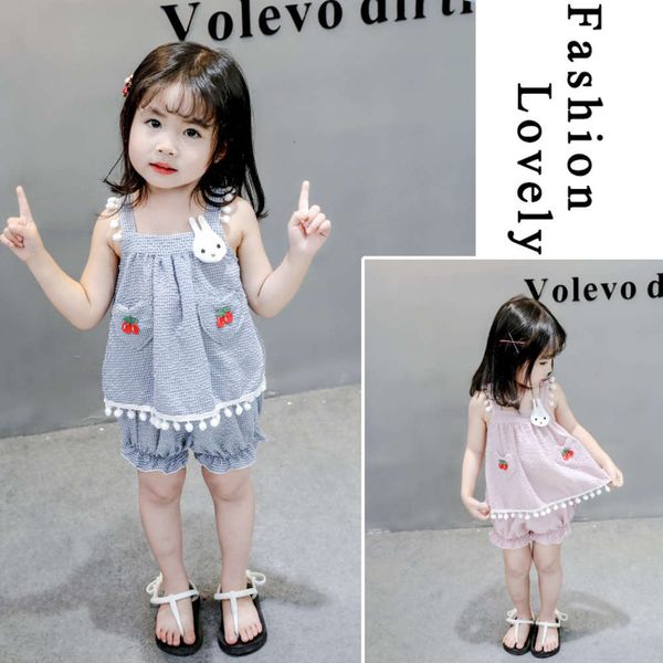 summer children's 2021 bubble lattice rabbit lace sling new vest suit, White