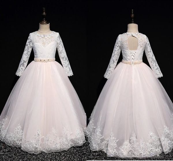 romantic lace a line flower girls dresses for wedding party illusion long sleeves pearls beaded princess first communion dress, White;blue
romantic lace a line flower girls dresses for wedding party illusion long sleeves pearls beaded princess first communion dress, White;blue