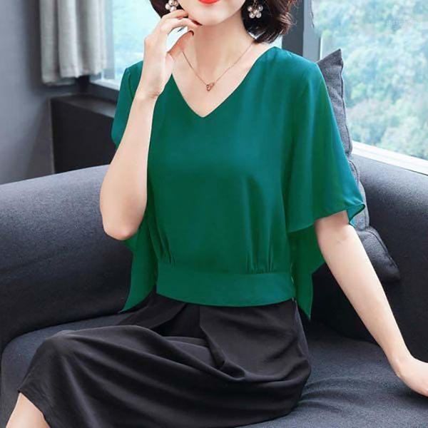 women spring summer style chiffon blouses shirts lady casual short flare sleeve v-neck blusas zz0731 women's &, White 
women spring summer style chiffon blouses shirts lady casual short flare sleeve v-neck blusas zz0731 women's &, White