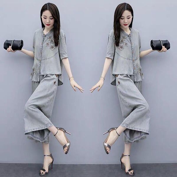 women's two piece pants leisure outfits 2021 summer clothes fashion national style denim crop and wide leg pant set for women, White
women's two piece pants leisure outfits 2021 summer clothes fashion national style denim crop and wide leg pant set for women, White