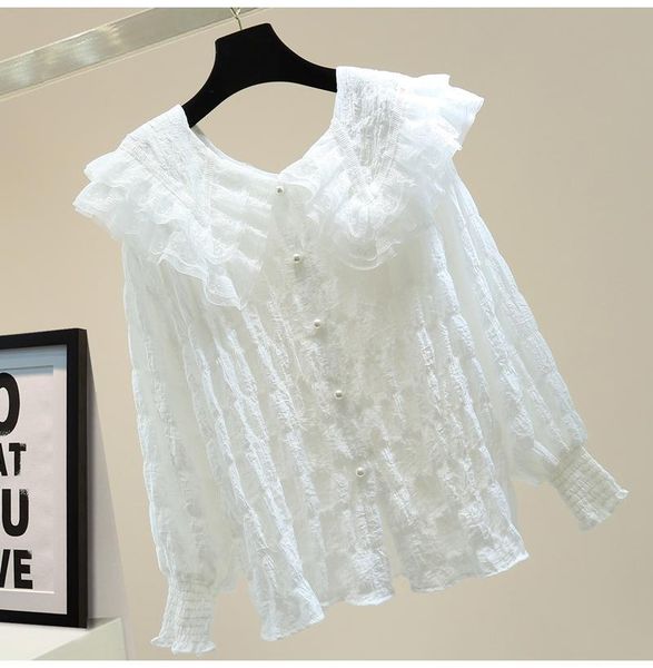 women's blouses & shirts 2021 autumn ruffled pleated shirt for woman korean style loose elegant lace stitching doll collar long sleeve, White
women's blouses & shirts 2021 autumn ruffled pleated shirt for woman korean style loose elegant lace stitching doll collar long sleeve, White