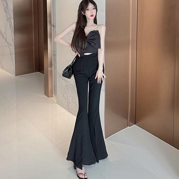 women's two piece pants 2021 summer fashion women oversized bow diamond sling + split flared trousers suit, White
women's two piece pants 2021 summer fashion women oversized bow diamond sling + split flared trousers suit, White