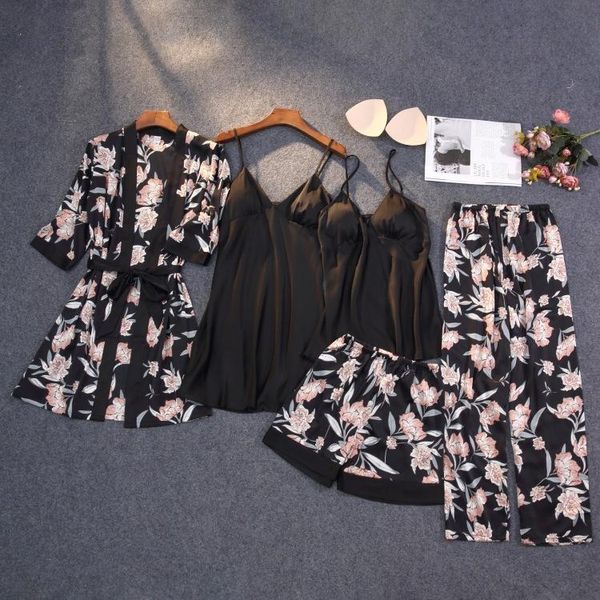 women's sleepwear spring and summer ice silk suspender pajamas set printed five piece imitation home clothes, Black;red
women's sleepwear spring and summer ice silk suspender pajamas set printed five piece imitation home clothes, Black;red