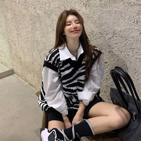 women's suits & blazers zebra knit vest spring and autumn loose sweater coat waist, White;black
women's suits & blazers zebra knit vest spring and autumn loose sweater coat waist, White;black