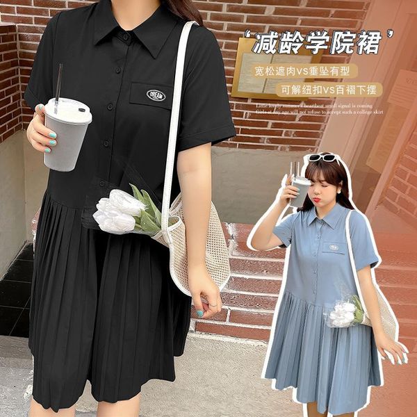 plus size dresses women's summer pleated dress college style loose, Black
