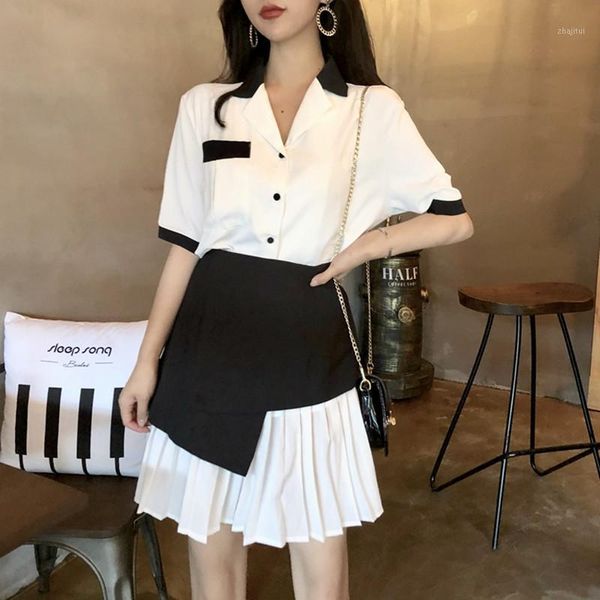 summer women's lapel short sleeve contrast white shirt + high waist patchwork pleated skirt two-piece set ladies sets two piece dress
summer women's lapel short sleeve contrast white shirt + high waist patchwork pleated skirt two-piece set ladies sets two piece dress