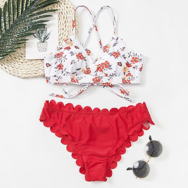 women floral lace-up scalloped bandeau bikini swimsuit padded wire female swimsuit high cut bathing swimwear
women floral lace-up scalloped bandeau bikini swimsuit padded wire female swimsuit high cut bathing swimwear