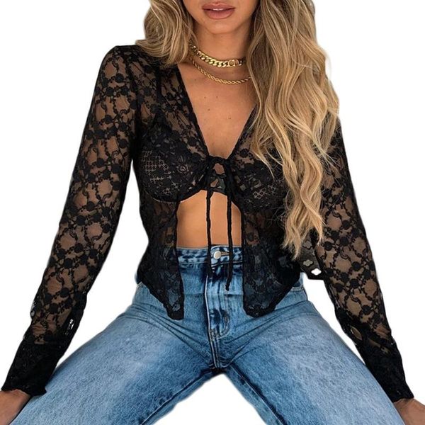 women's t-shirt ladies casual hollow mesh lace-up chest belt perspective long sleeve underwear lace v-neck cardigan, White
women's t-shirt ladies casual hollow mesh lace-up chest belt perspective long sleeve underwear lace v-neck cardigan, White