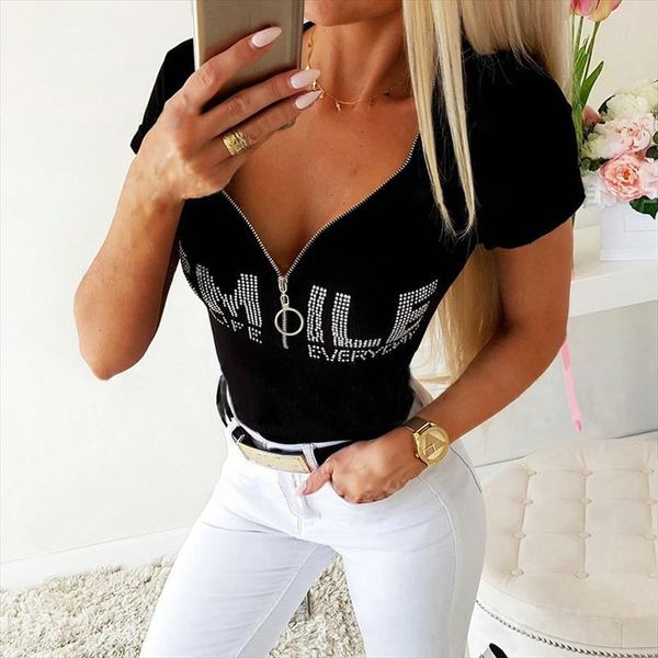 and summer women shirts low cut zipper letter printed short sleeve skinny blouse, White
and summer women shirts low cut zipper letter printed short sleeve skinny blouse, White