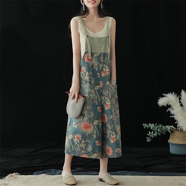 johnature vintage for denim cloths print floral 2021 summer new pockets women jumpsuits, Black;white
johnature vintage for denim cloths print floral 2021 summer new pockets women jumpsuits, Black;white