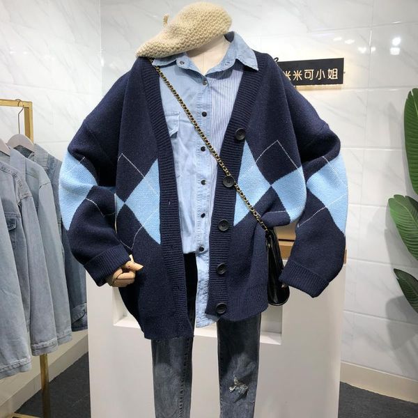 women's knits & tees korean style dark blue sweater plaid knitted cardigan loose v-neck mid-length coat female autumn winter 2021 casua, White
women's knits & tees korean style dark blue sweater plaid knitted cardigan loose v-neck mid-length coat female autumn winter 2021 casua, White