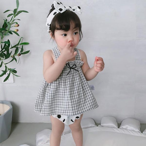 clothing sets baby bowknot summer clothes gray plaid sling suit female big polka dot three-piece, White
clothing sets baby bowknot summer clothes gray plaid sling suit female big polka dot three-piece, White