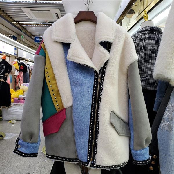 women's fur & faux korean color contrast soft waxy suede patchwork lamb coat winter women lapel long sleeve short outwear casaco femini, Black
women's fur & faux korean color contrast soft waxy suede patchwork lamb coat winter women lapel long sleeve short outwear casaco femini, Black