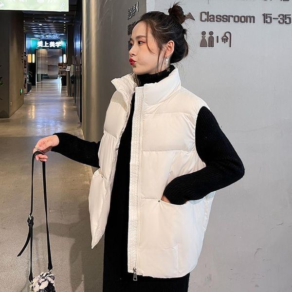 women's vests winter solid white women vest stand collar cotton padded jacket windproof warm waistcoat female gilet chaleco mujer y363, Black;white