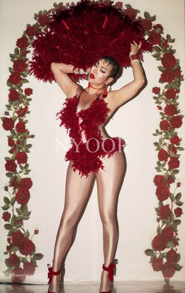 red feather nude bodysuit fan stage leotard nightclub bar female singer show performance clothes dance costume party outfit, Black;red
red feather nude bodysuit fan stage leotard nightclub bar female singer show performance clothes dance costume party outfit, Black;red