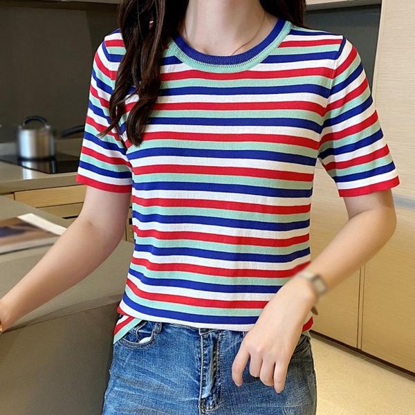 women's t-shirt fashion contrast cound neck age reduction color stripes short sleeve t shirt base knitted top, White
women's t-shirt fashion contrast cound neck age reduction color stripes short sleeve t shirt base knitted top, White