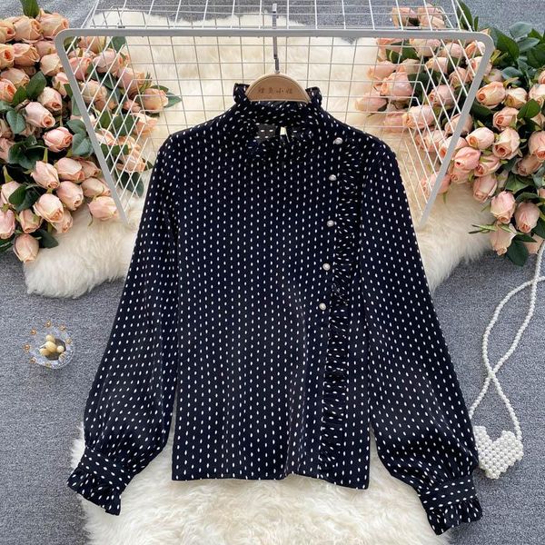 women's blouses & shirts 2021 early autumn retro wave point blouse female sweet wood ear stand collar blusa slim long-sleeved shirt df1, White
women's blouses & shirts 2021 early autumn retro wave point blouse female sweet wood ear stand collar blusa slim long-sleeved shirt df1, White
