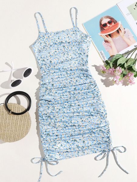 drawstring knot ruched ditsy floral dress 60du#, Black;gray
drawstring knot ruched ditsy floral dress 60du#, Black;gray